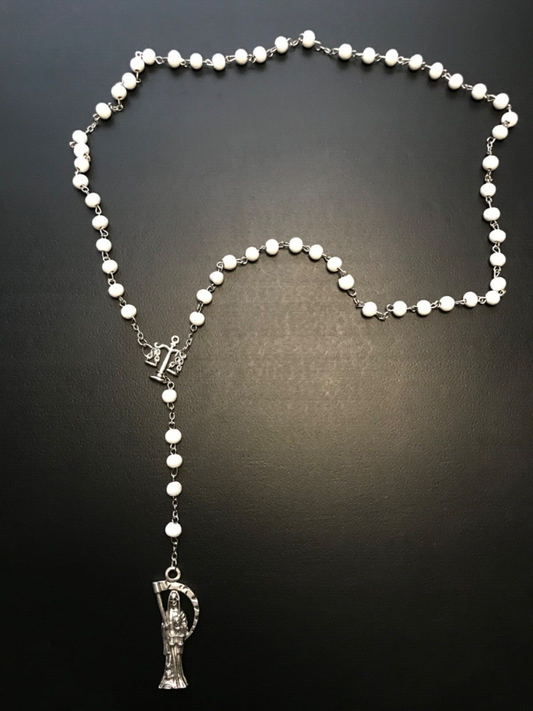 Santa Muerte Rosary / White wood beads/ Rose scented / Handmade! / FREE SHIPPING!