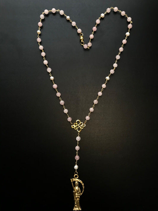 Santa Muerte Rosary / GOLD / Genuine Madagascar PINK ROSE QUARTZ / freshwater pearls / Magnetic closure /Handmade/ FREE SHIP