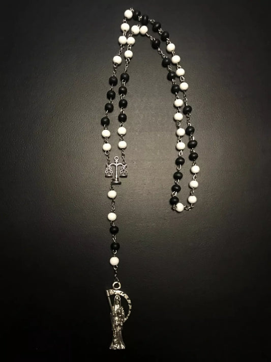 Santa Muerte Rosary / Black & White wood beads/ Rose scented / Handmade! / FREE SHIPPING!)