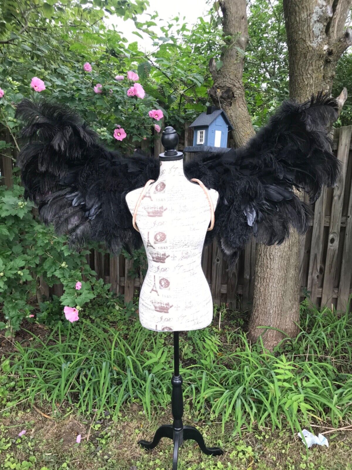 Black Ostrich feather wearable angel wings with bendable adjustable shoulder straps