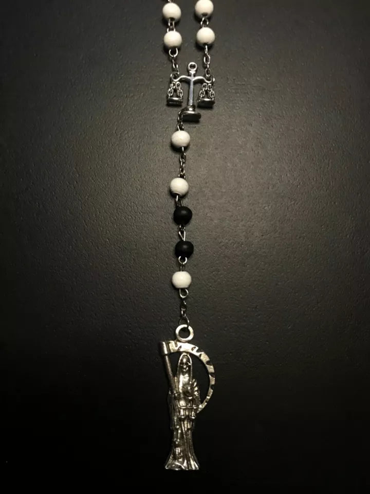 Santa Muerte Rosary / Black & White wood beads/ Rose scented / Handmade! / FREE SHIPPING!)