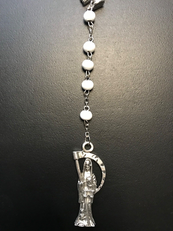 Santa Muerte Rosary / White wood beads/ Rose scented / Handmade! / FREE SHIPPING!