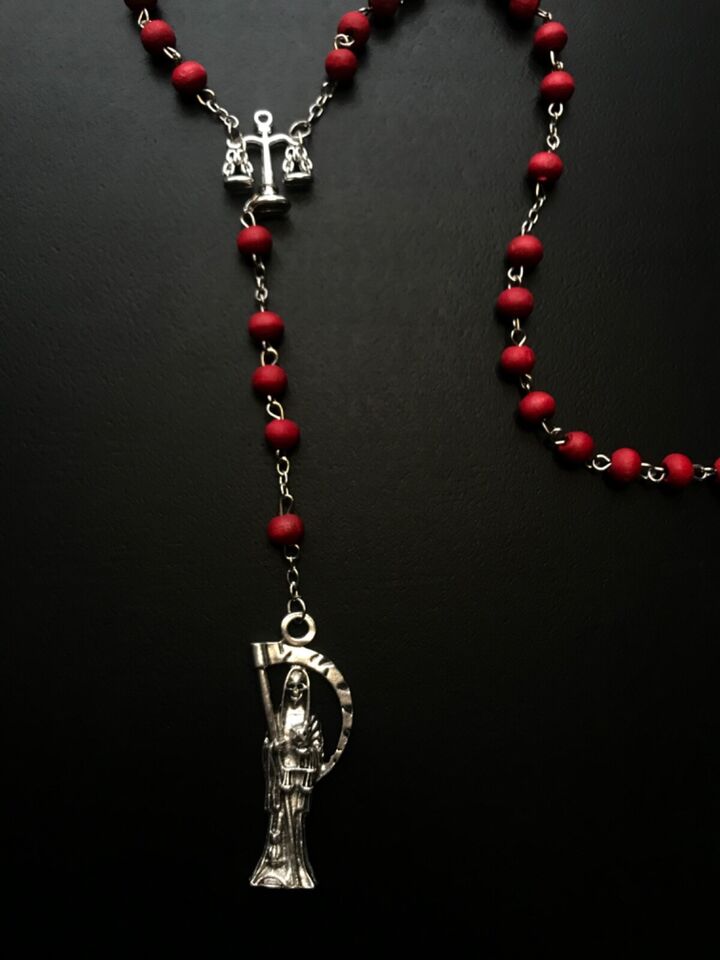 Santa Muerte Rosary / Red wood beads/ Rose scented / Handmade! / FREE SHIPPING!)