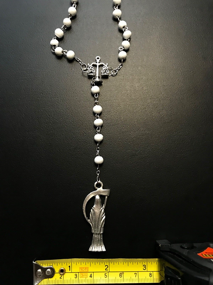 Santa Muerte Rosary / White wood beads/ Rose scented / Handmade! / FREE SHIPPING!