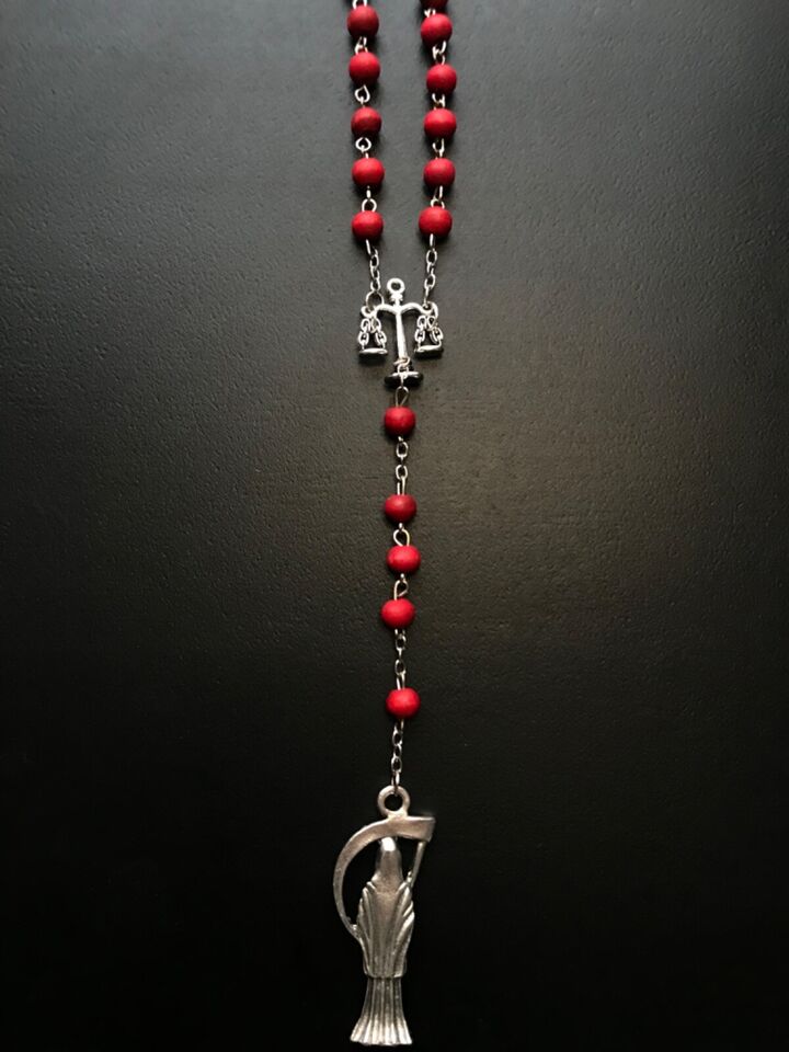 Santa Muerte Rosary / Red wood beads/ Rose scented / Handmade! / FREE SHIPPING!)