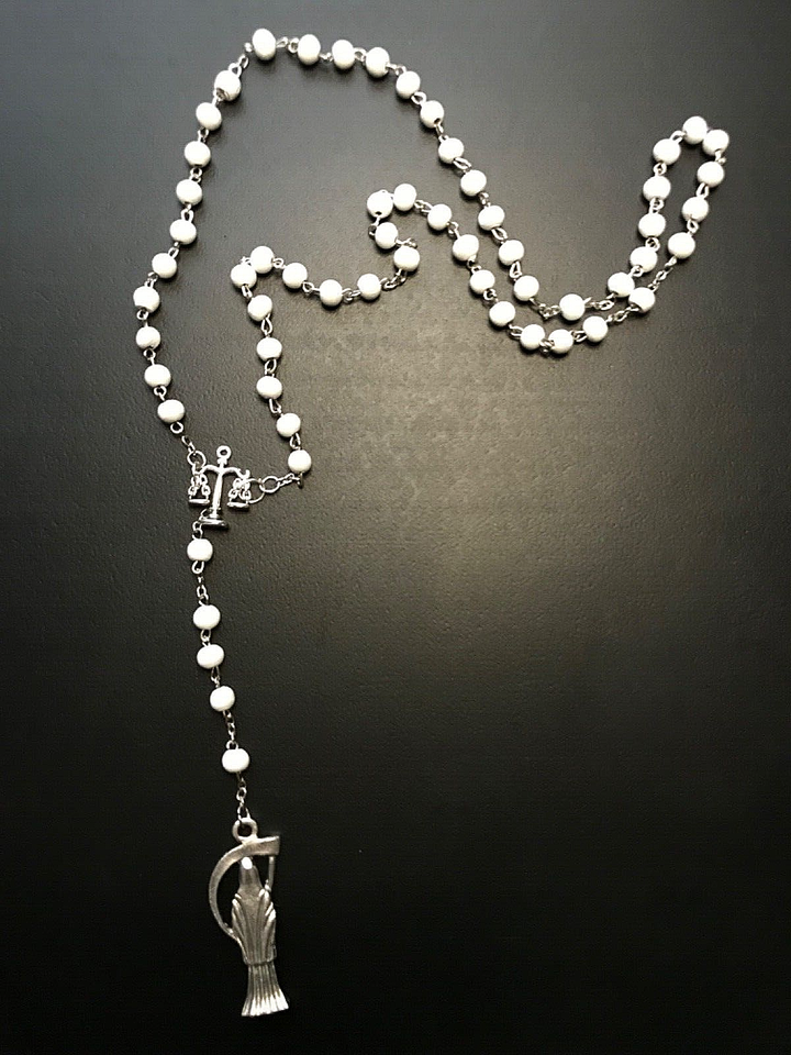 Santa Muerte Rosary / White wood beads/ Rose scented / Handmade! / FREE SHIPPING!