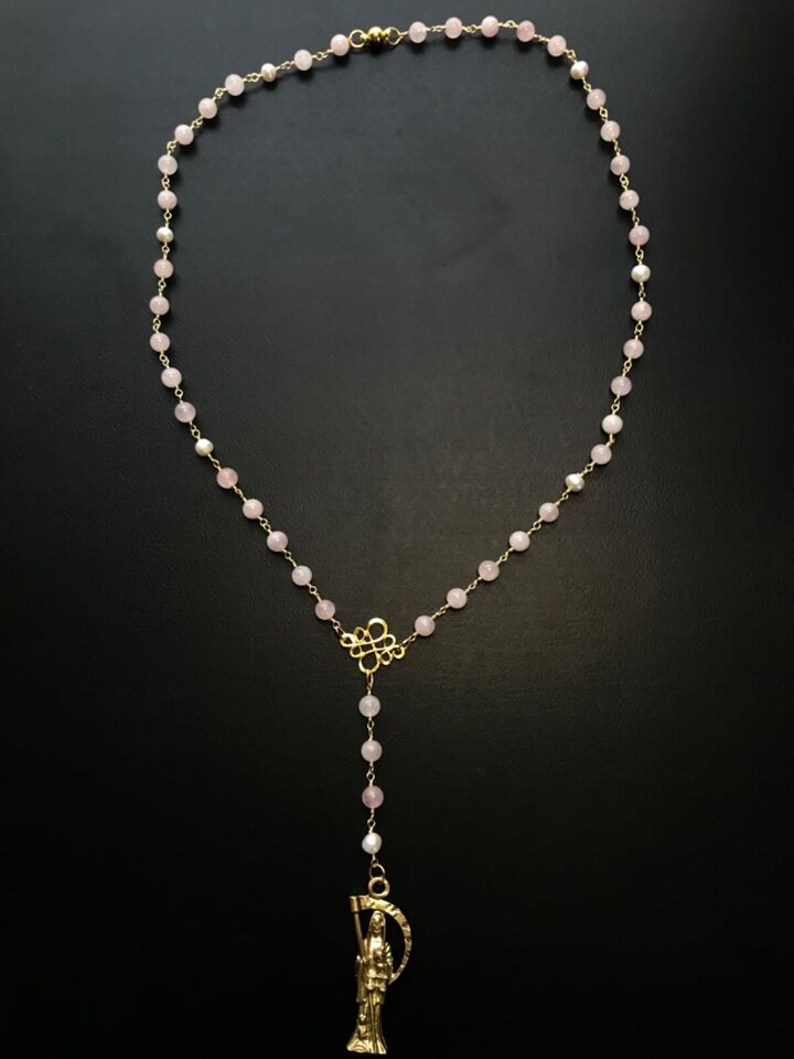 Santa Muerte Rosary / GOLD / Genuine Madagascar PINK ROSE QUARTZ / freshwater pearls / Magnetic closure /Handmade/ FREE SHIP