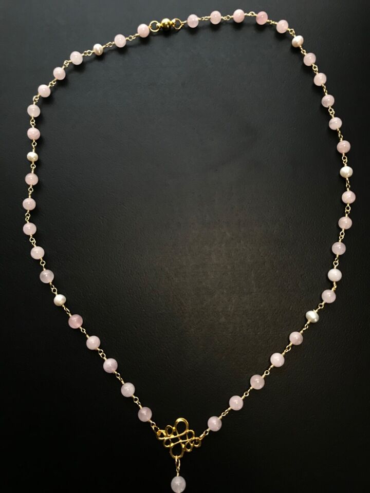 Santa Muerte Rosary / GOLD / Genuine Madagascar PINK ROSE QUARTZ / freshwater pearls / Magnetic closure /Handmade/ FREE SHIP