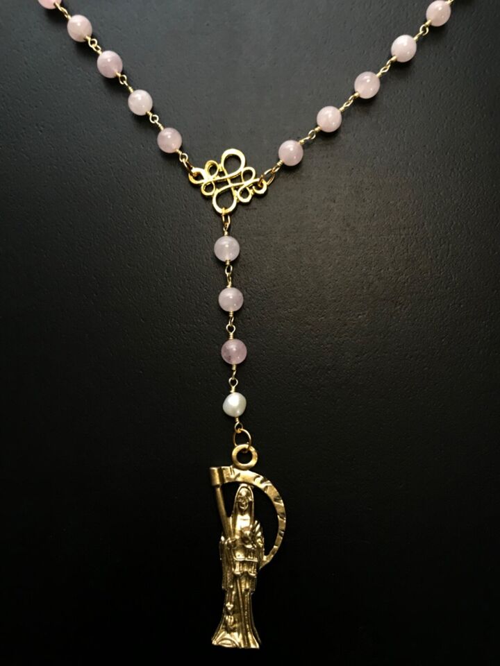 Santa Muerte Rosary / GOLD / Genuine Madagascar PINK ROSE QUARTZ / freshwater pearls / Magnetic closure /Handmade/ FREE SHIP