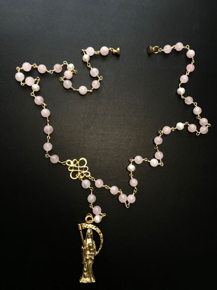 Santa Muerte Rosary / GOLD / Genuine Madagascar PINK ROSE QUARTZ / freshwater pearls / Magnetic closure /Handmade/ FREE SHIP