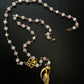 Santa Muerte Rosary / GOLD / Genuine Madagascar PINK ROSE QUARTZ / freshwater pearls / Magnetic closure /Handmade/ FREE SHIP