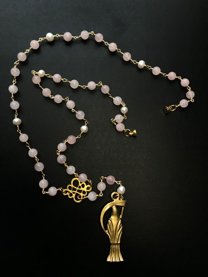 Santa Muerte Rosary / GOLD / Genuine Madagascar PINK ROSE QUARTZ / freshwater pearls / Magnetic closure /Handmade/ FREE SHIP