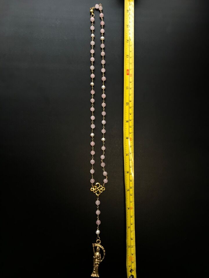 Santa Muerte Rosary / GOLD / Genuine Madagascar PINK ROSE QUARTZ / freshwater pearls / Magnetic closure /Handmade/ FREE SHIP