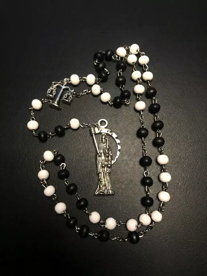 Santa Muerte Rosary / Black & White wood beads/ Rose scented / Handmade! / FREE SHIPPING!)