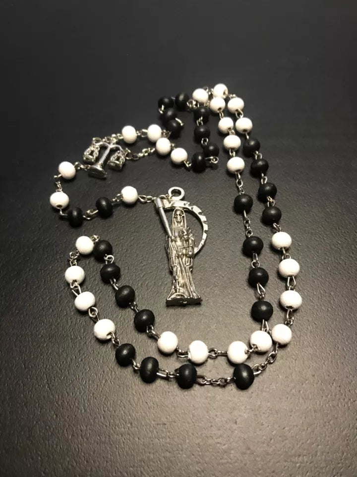 Santa Muerte Rosary / Black & White wood beads/ Rose scented / Handmade! / FREE SHIPPING!)