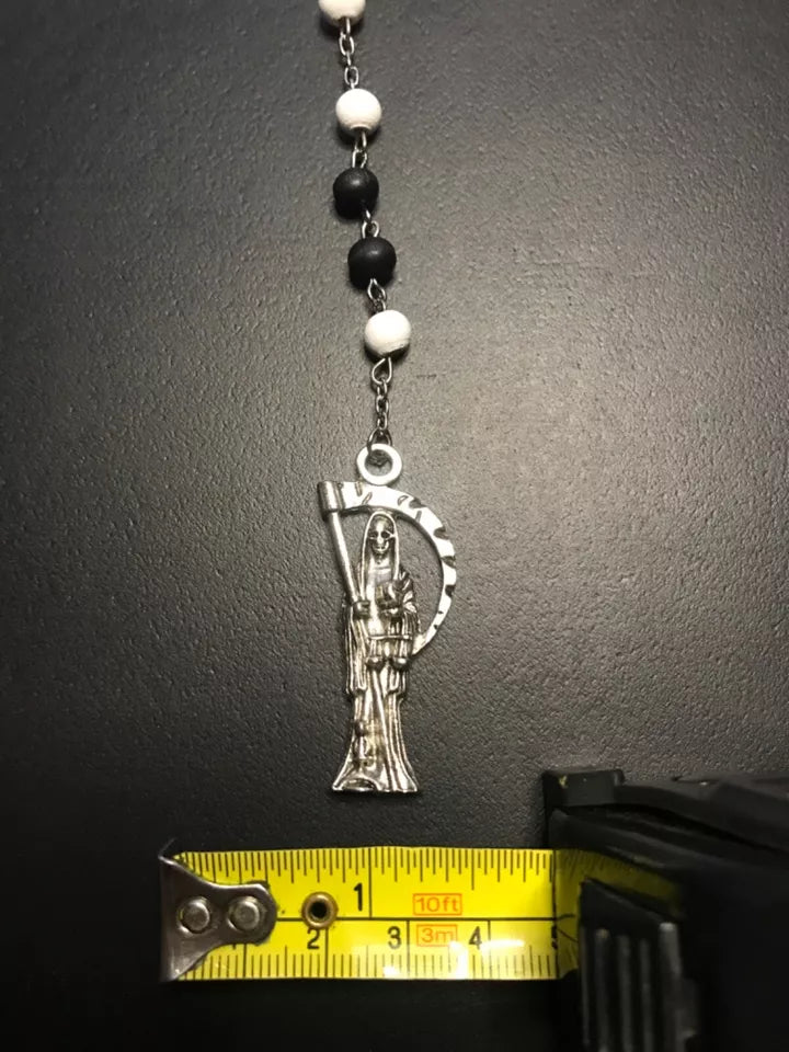 Santa Muerte Rosary / Black & White wood beads/ Rose scented / Handmade! / FREE SHIPPING!)