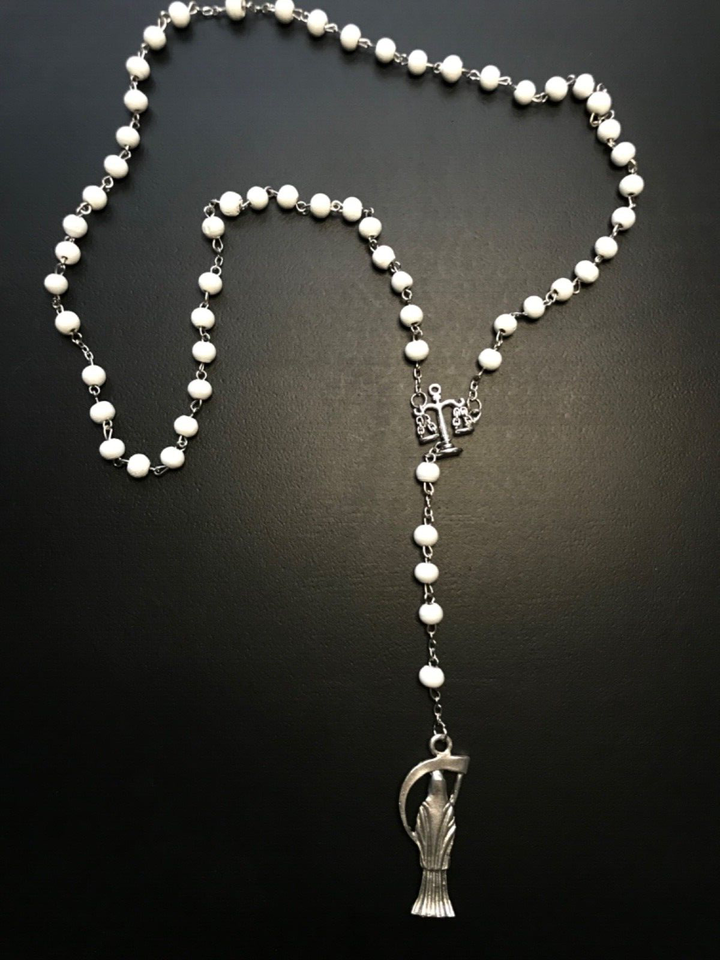 Santa Muerte Rosary / White wood beads/ Rose scented / Handmade! / FREE SHIPPING!